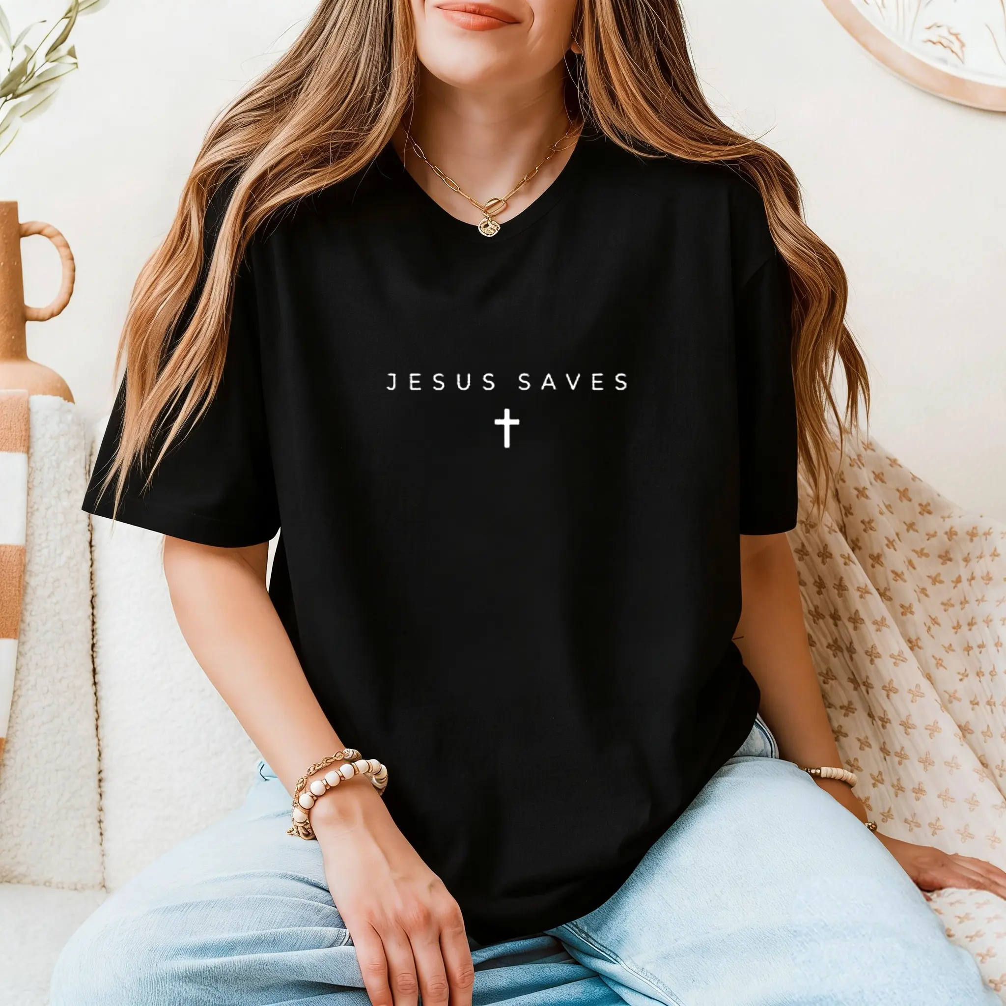 Women's Short-Sleeve "Jesus Saves" Cross Graphic Crew Neck T-Shirt - 100% Cotton Breathable Comfortable Fabric, Casual, Machine Washable, Shortsleeve, Tshirt, Round Neck, Cross Print, Christian Style