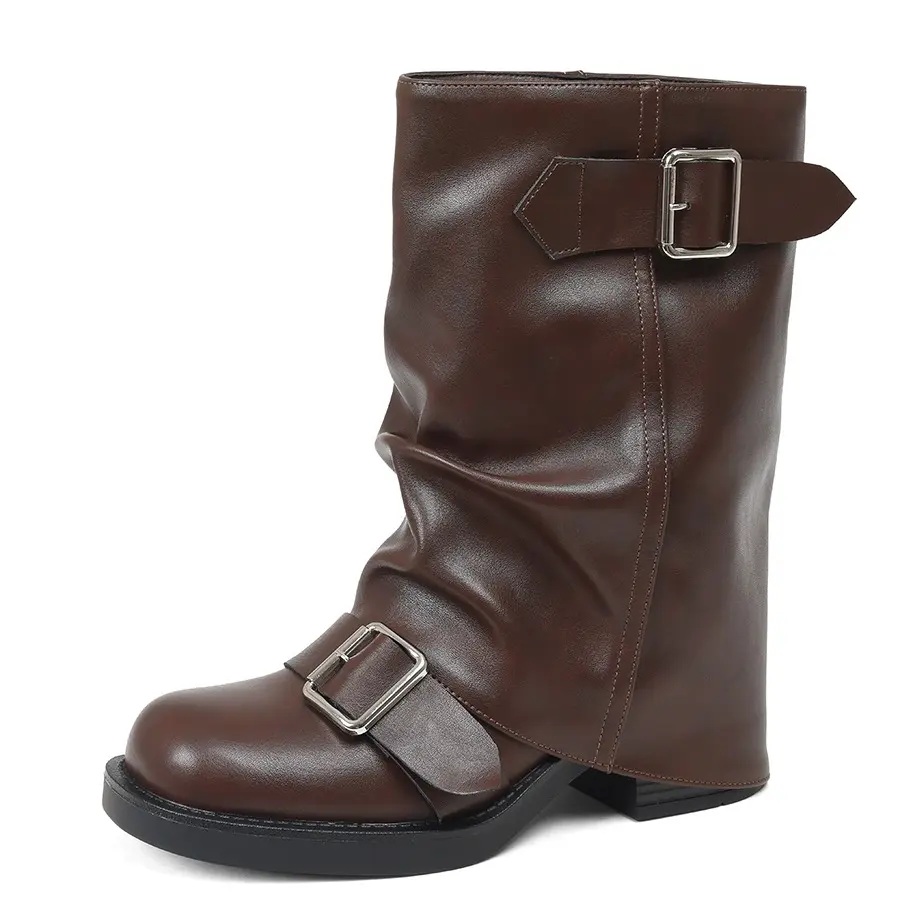 Women's Classic Retro Round Toe Buckle Strap Cuffed Cowboy Ankle Booties - Low Heels, Vintage Footwear, Casual Comfortable Everyday Wear