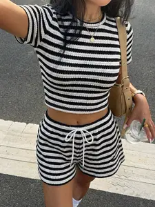 Fashion Women's Two-Piece Set, Slim-Fit T-Shirt with Drawstring Elastic Shorts, Knitted Jacquard Fabric Design, Chic Everyday