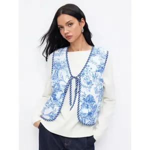 Cider Toile de Jouy Striped Knotted Oversized Puffer Vest