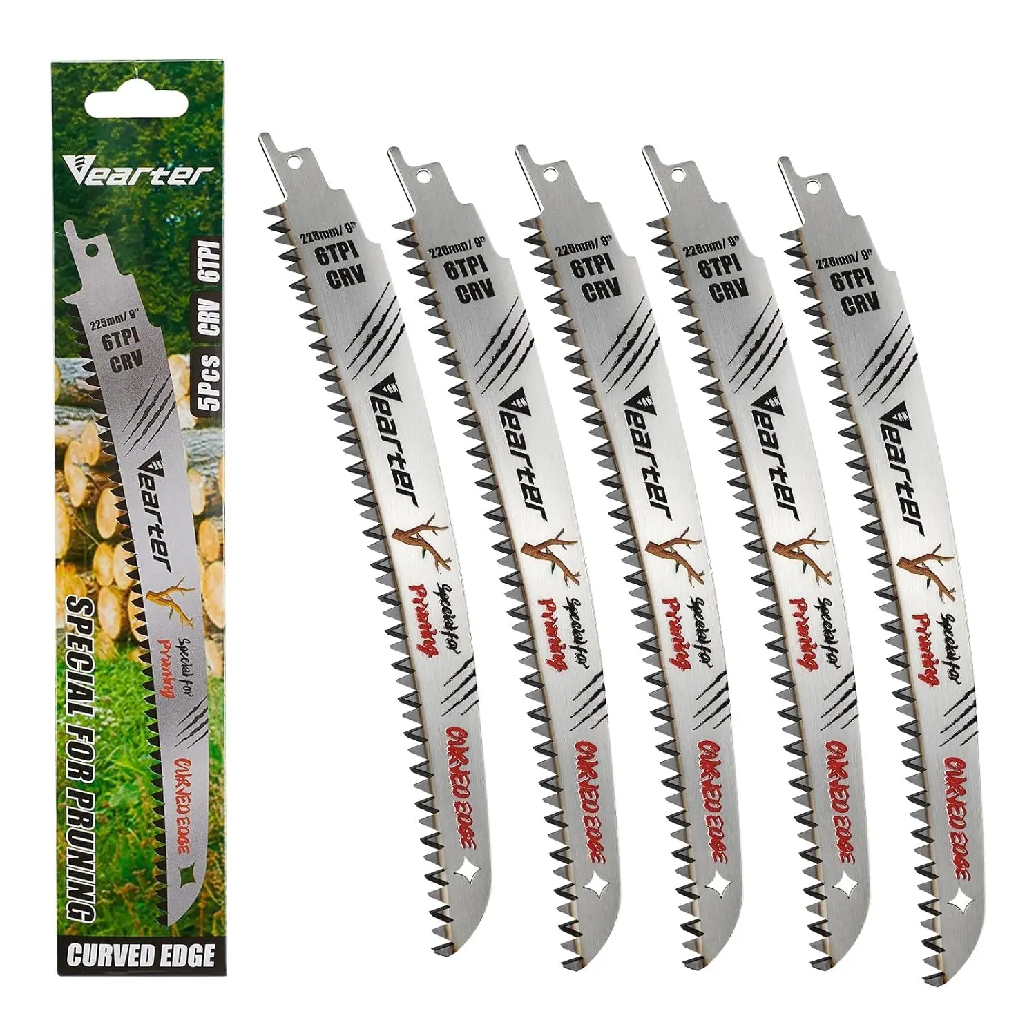 9''(225mm) Reciprocating Saw Blades Japanese Teeth 5PCS, 6TPI Cr-V Reciprocal Saw Blades for Trees with Triple-Ground Offset Teeth, Curved Edge Recip Saw Blades for Trimming and Wood Cutting