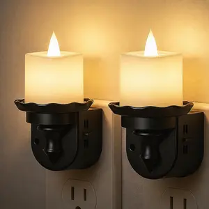 Flameless Candle Night Light, Flicker Night Lights Plug into Wall 2 Pack, Soft White Candle Nightlight with Light nsor, Dimmable LED Flickering Nightlights for Kids Hallway Bathroom