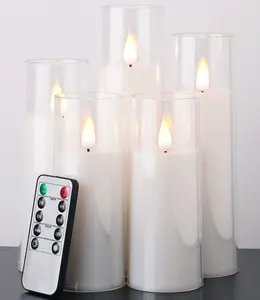 Pure White Flameless Candles, Battery Operated Candles, Acrylic Flickering LED Pillar Candles with Remote Control and Timer, 3D Wick, Yellow and Blue Glow, D2.2 xH5 5" 6" 7" 8", Set of 5