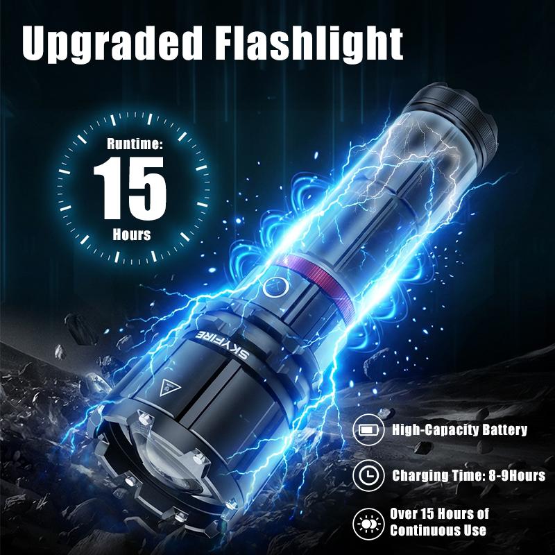 SKYFIRE 3624 lumens, 16000mAh large capacity rechargeable high-brightness 1209 ultra flashlight with shoulder straps, waterproof LED tactical flashlight, suitable for camping, outdoor activities and emergency situations.
