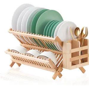 AGS Bamboo Dish Drying Rack, 2 Tier Collapsible Dish Rack with Utensil Holder, Wooden Dish Drying Rack for Kitchen Counter, Large Folding Drying Holder, Dish Drainer 34 pcs Grid