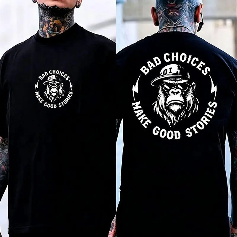 Men's Street Style Graphic Tee with Front & Back Gorilla Print, Comfy Casual 100% Cotton Classic Menswear, Cap, Oversized, Round Neck, Short, Sleeves, Top