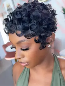 Human Hair Pixie Cut Wig, Short Curly Wavy Wig with Bangs, Natural, Rose Net Cap, Elegant Style for Women, Daily Use, Pixie Wigs