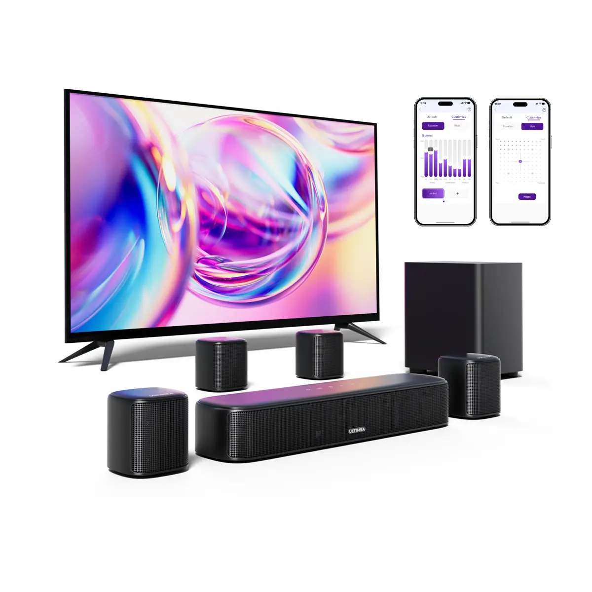 ULTIMEA Aura A40 7.1ch Virtual Surround Soundbar for Small Rooms- 4 Wired Surround Speaker, 4-inch Subwoofer, Smart App Control, Remote, for Compact Home Theaters, TV, MobilePhone, PC, Sleek Wall-Mountable, Apartment#SummerVibes