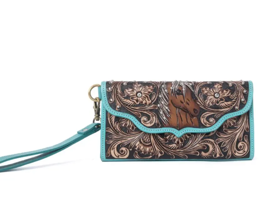 Sunfire Valley Handtooled Hairon Leather Women’s Wallet in Turquoise Pearl- Myra
