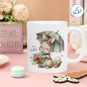 Easter Bunny Mug, Watercolor Rabbit Coffee Cup, Cute Happy Easter Ceramic Mug for Women, Kids, Teachers, Home Office Party Decor, Funny Spring Gift, 11oz Drinkware