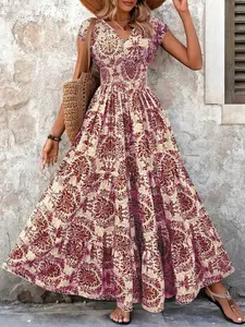 Summer New Arrival Dress, Casual Wear Fashion Elegant Boho Vintage Print V Neck Short Sleeve Long Dress, Women's Stylish Summer