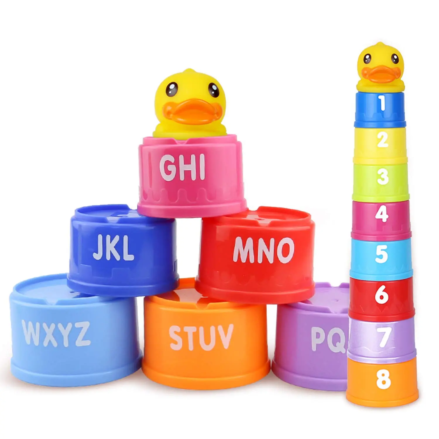 Rainbow Stacking Nesting Cups Silicone Duck Teething Colorful Toddler Stack-up Toy with Letters & Numbers