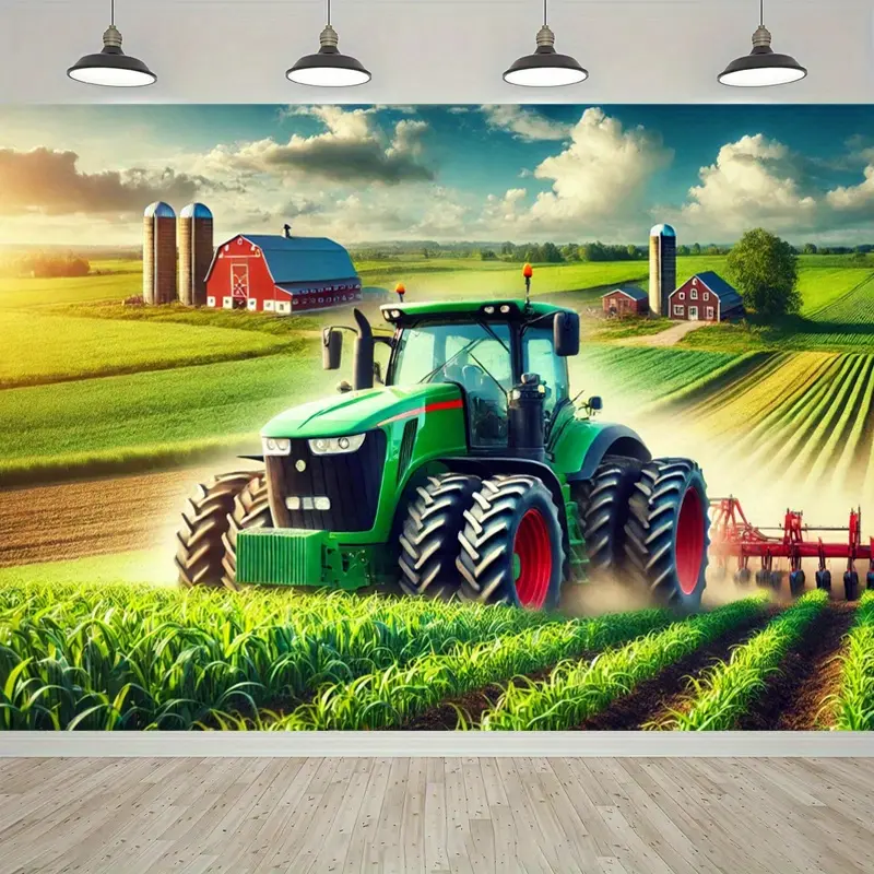 2D Flat Banner, 1pc Green Tractor Farm Scene Polyester Backdrop Banner, Backdrops for Photoshoot - Vibrant Countryside Design for Birthday, Wedding, Anniversary, Back-to-School Decor - Durable Photography Studio Prop, Garden & Home Decor