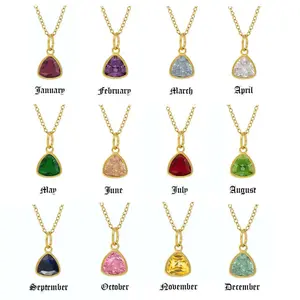 Stainless Steel 12 Month BirthStoneCo Necklace - Colorful Zircon Triangular Pendant, Clavicle Chain, Wedding Jewelry for Women