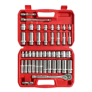EACELIY 44pcs 3/8" Drive Impact Socket Set,Drive Master Socket Set,SAE/Metric, Deep & Shallow with 3/8" Drive Head Ratchet,Universal Joint,Extension bar (3” & 6”),6 Point,CR-V Steel，Mirror Chrome