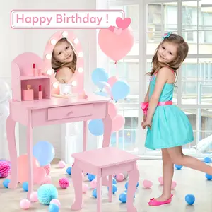 Kids Vanity Set, Pink Toddler Makeup Vanity Table with Stool, Lights, Mirror, Play Makeup Set, Drawer, 2 Open Storage Shelves, Wooden Little Princess Dressing Table for Children, Pink