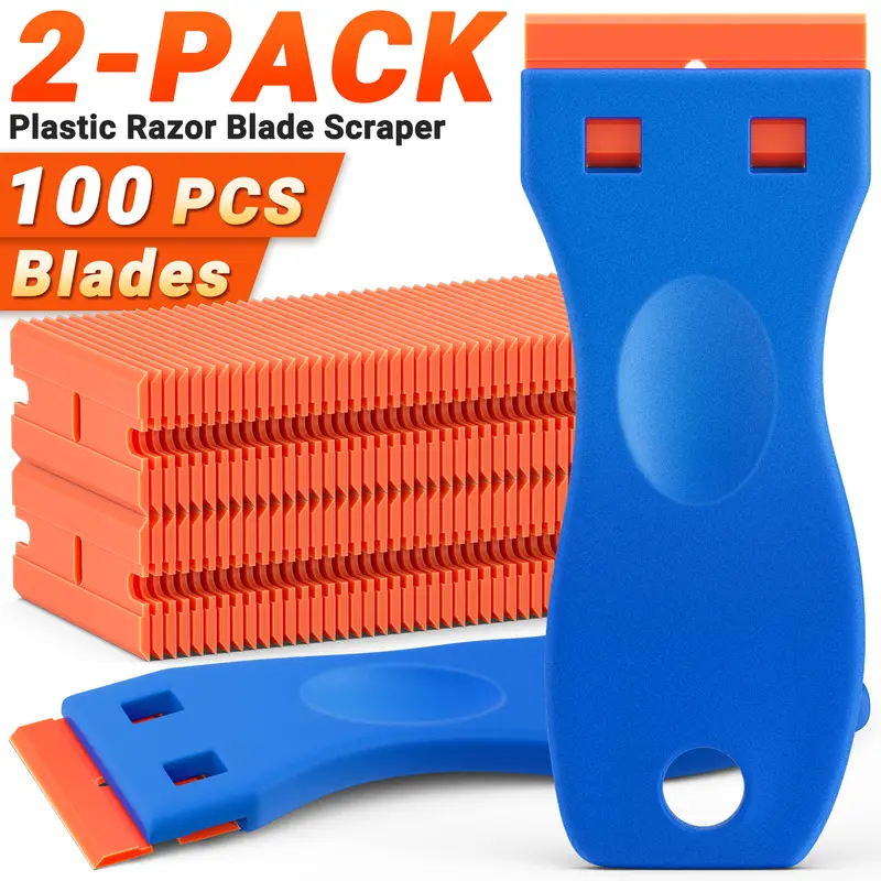 2 Pack Plastic Razor Blade Scrapers with 100 Plastic Blade Refills, Multi-Purpose Glue Remover Tool for Household Cleaning and Car Vinyl, Stickers, Labels and Adhesive Removal