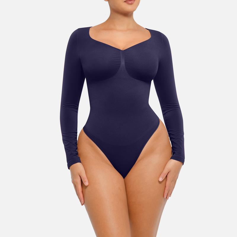 FeelinGirl Womenswear Seamless Long Sleeve Thong Bodysuit for Tummy Control V Neck Going Out Fabric Comfortable Casual shaper clothes TikTokShopBlackFriday