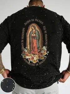 Men's Casual Short Sleeve T-Shirt, Back Printed Mexican Virgin Mary, Vintage Aesthetic Color Mix Floral, Silver Fabric, Daily Commute or Weekend, Long, Streetwear, Menswear