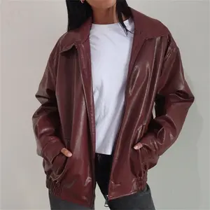 Women Faux Leather Jacket Solid Color Zipper Long Sleeve Motorcycle Jacket PU Leather Biker Coat Outerwear Womenswear Check