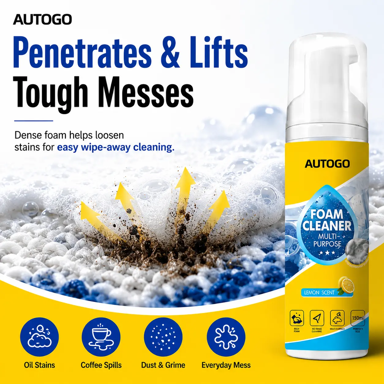 Foam Cleaner for Car Interior & Home – Multi-Surface, Rich Foam, No-Rinse Cleaning, Leather, Plastic, Fabric, 150ml with Sponge & Microfiber Cloth, Lemon Scent