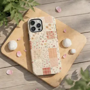 [Must-Have]Vintage Floral & Gingham Phone Case, Cottagecore Patchwork Quilt Cover, IPhone 16 15 14 13 12 11 Pro Max, Gift For Her