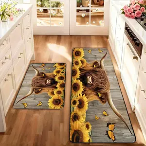 2 count Farmhouse Wood Grain Cow Sunflower Kitchen Rug Set, Washable Non-Slip Low Profile Mat, Home Decor for Kitchen Laundry Room Hallway, Farmhouse Kitchen Rugs