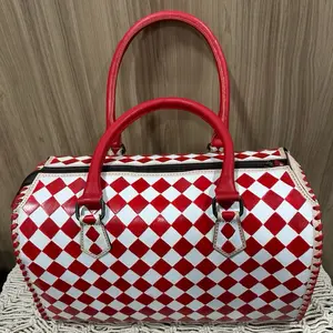 Large Checkered Speedy Bag with Red Stitching & Handles