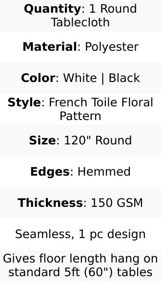 Polyester Round Tablecloth 120" White with Black French Toile Pattern - Sophisticated Table Cover for Chic Weddings & Events