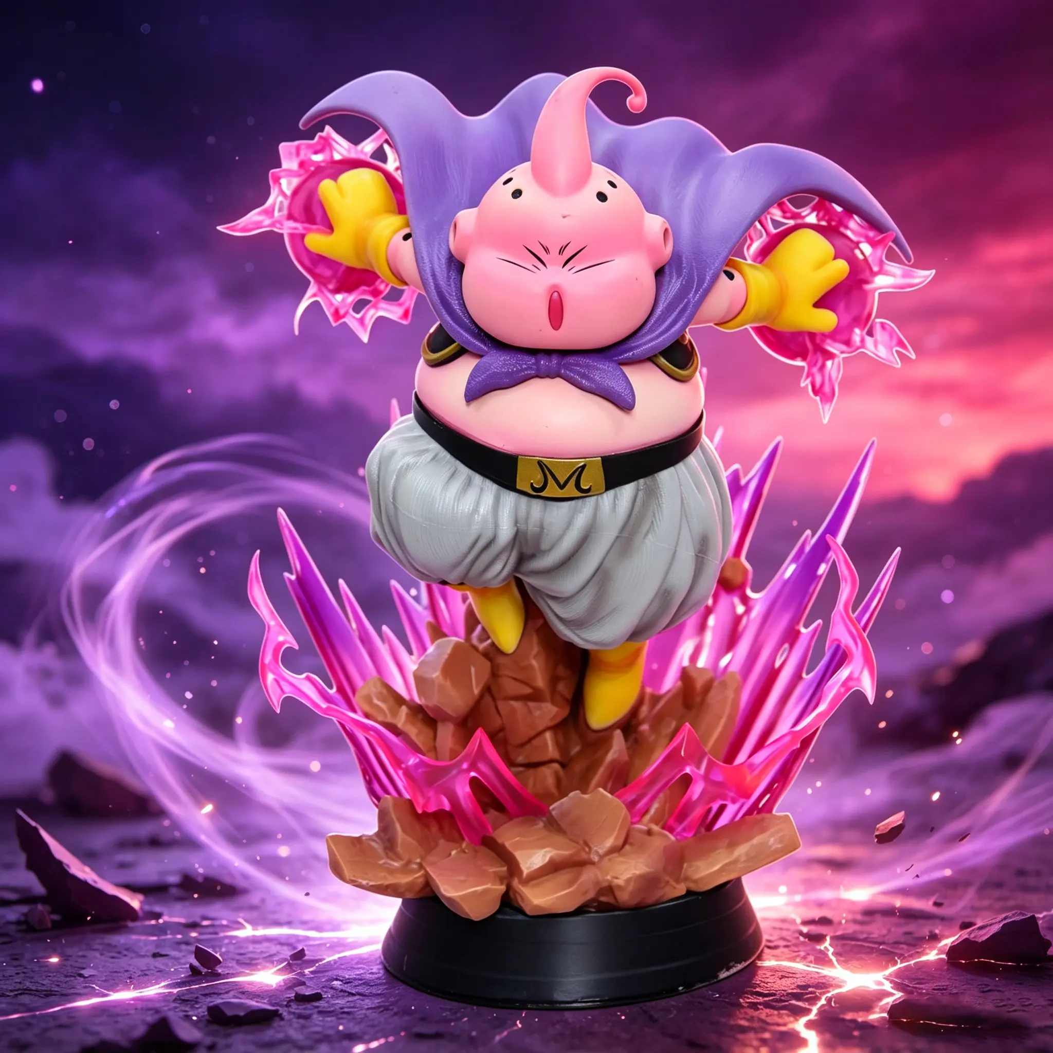 Fantasy Pink Fat Demon Figurine with Purple Cape, Battle Energy Effect Scene Base, PVC Anime Style Statue Ornament, Collectible Desktop Decor Gift for Cartoon Hobby Lovers.