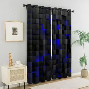 Dark Industrial Style 3D Block Curtains, Window Curtain, Minimalist Living Room Light Blocking Drapes, Neon Geometric Tech Bedroom Curtains Decor