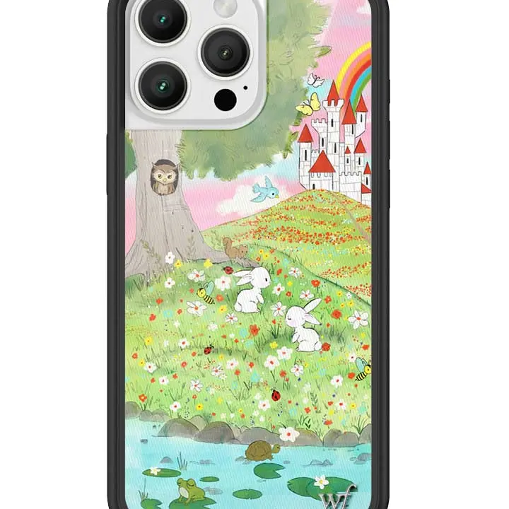 Wildflower Cases Limited Edition Custom Fairytale Cellphone Cover - Raised Black Protective Bumper, Vibrant Scenery (Pond, Hills, Bunnies, Owl, Flowers, Tall Castle, Rainbow Sky), Protection for Devices, Women-Owned Small Business Gift for Her