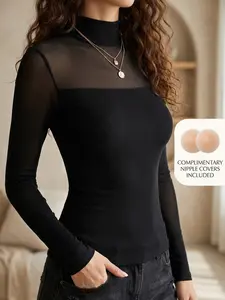 Women's Elegant Mesh Patchwork Long Sleeve Mock Neck Summer Top - Sheer Slim Fit T-Shirt, Chic Sexy Base Layering Tee for All Seasons, Sexy and Stylish Professional Commuter Style