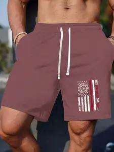 Men's Summer Quick-Dry Shorts with Best Firefighter Dad Print, American Flag Elements, Comfortable Drawstring Waist for Casual Style