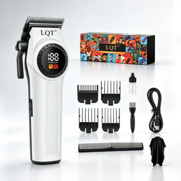 Premium Matte White Vertical Texture LQT Barber Clipper Gift Kit, Circular LED Ring Display Adjustable Taper Cordless Hair Trimmer, Long Runtime Salon Grade Gradient Hair Cutting Tool with Complete Salon Accessories for Barbers & Trendy Young Men