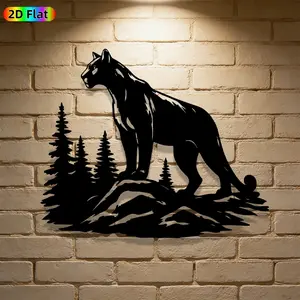 1pc Minimalist Cougar & Pine Trees Metal Wall Art, Minimalist Cougar & Pine Trees Statue Mural, Iron Craft, Perfect for Living Room, Garden, Zoo Corner Decor, Silhouette Wall Decor, Intricate Craftsmanship, Christmas Decor, Ideal Gift for Nature Lovers