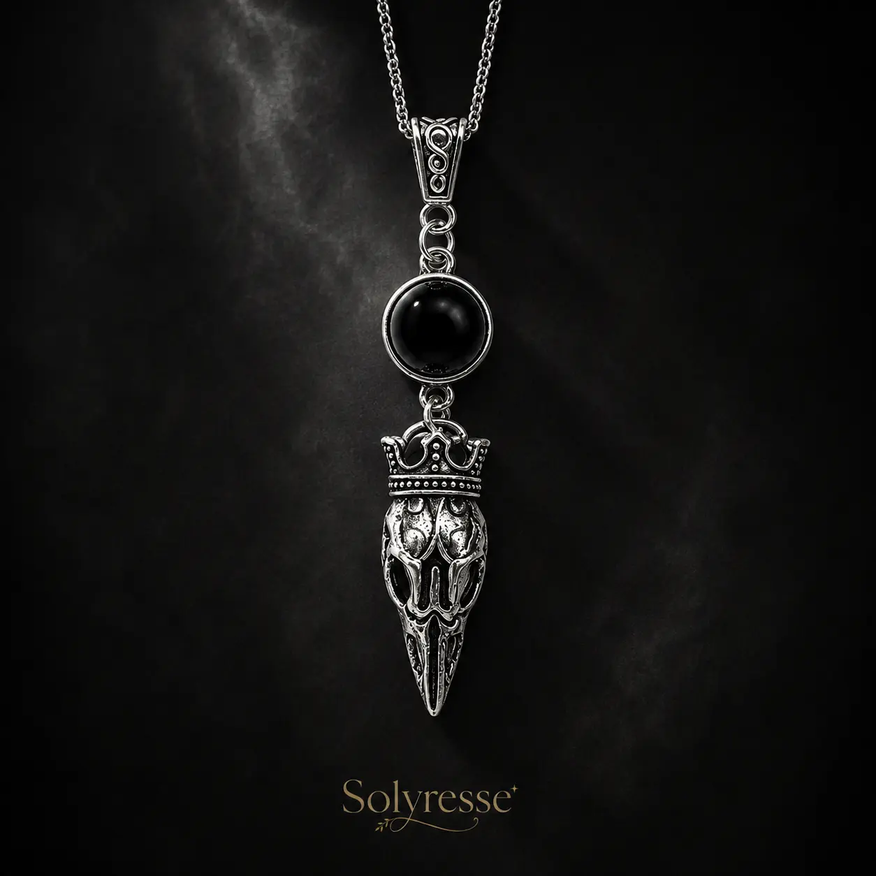 Vintage Silver Raven Skull Necklace with Black Onyx Stone, Gothic Crown Skull Pendant, Dark Alternative Jewelry for Women Men, Witchy Punk Statement Necklace