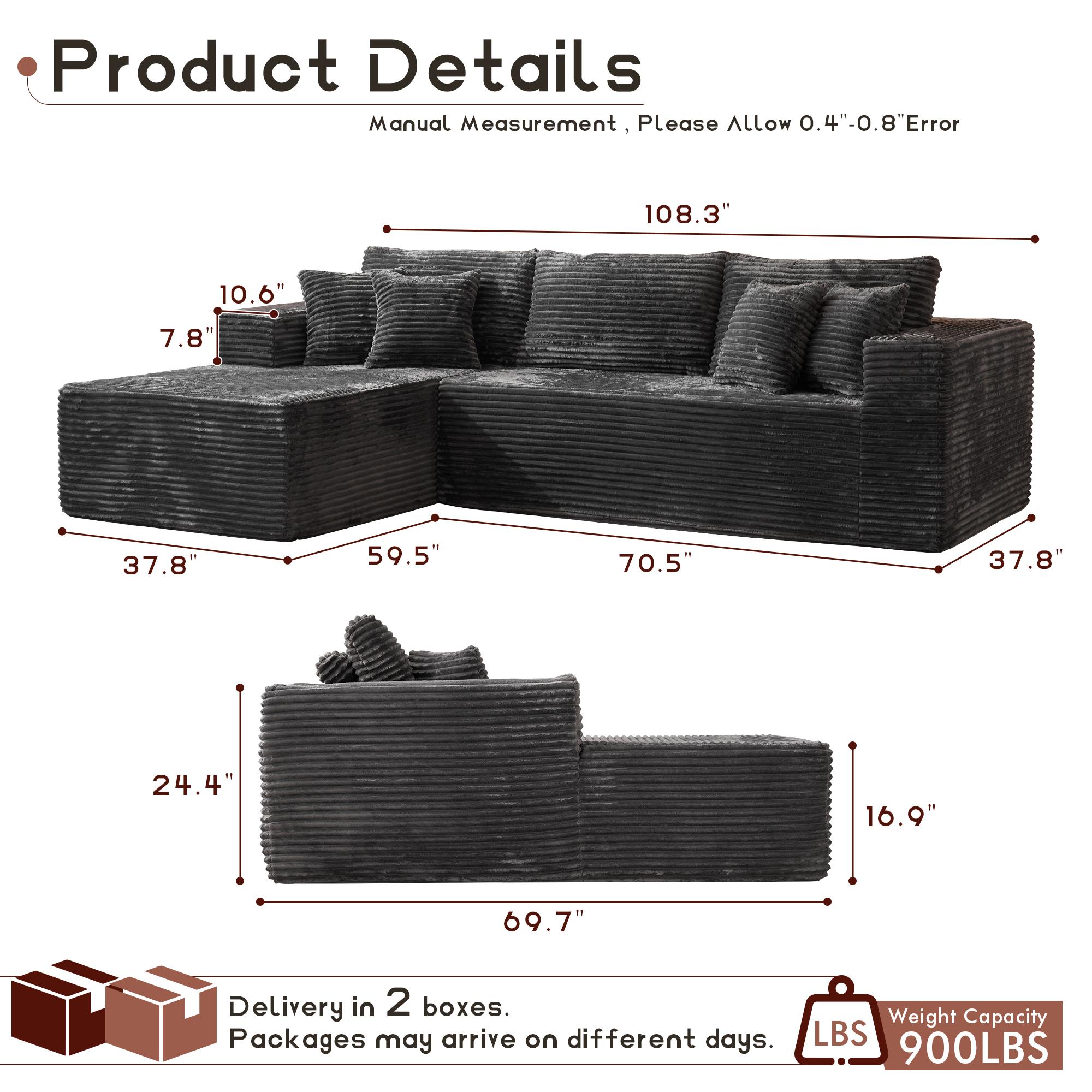 【Black Friday & Cyber Monday Deal】2 Packages Shipping OOSWIFT 108“ inches Plush Modern L-Shaped Cloud Sectional Sofa Corduroy Cloud Velvet Modular Couch with Chaise, No Assembly Required Sectional Sofa living room furniture