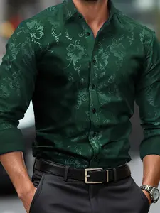 Men's Deep Long Sleeve Button-Up Shirt, Floral Jacquard Print, Slim Fit, Wrinkle-Free, Breathable, Business Casual, Office Wear, Wedding, Party Gift