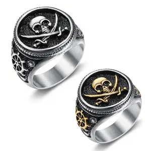 Pirate of the Caribbean Skull Signet Ring for Men Vintage Large Size Stainless Steel Punk Gothic Style Finger Ring with Gold and Silver Options