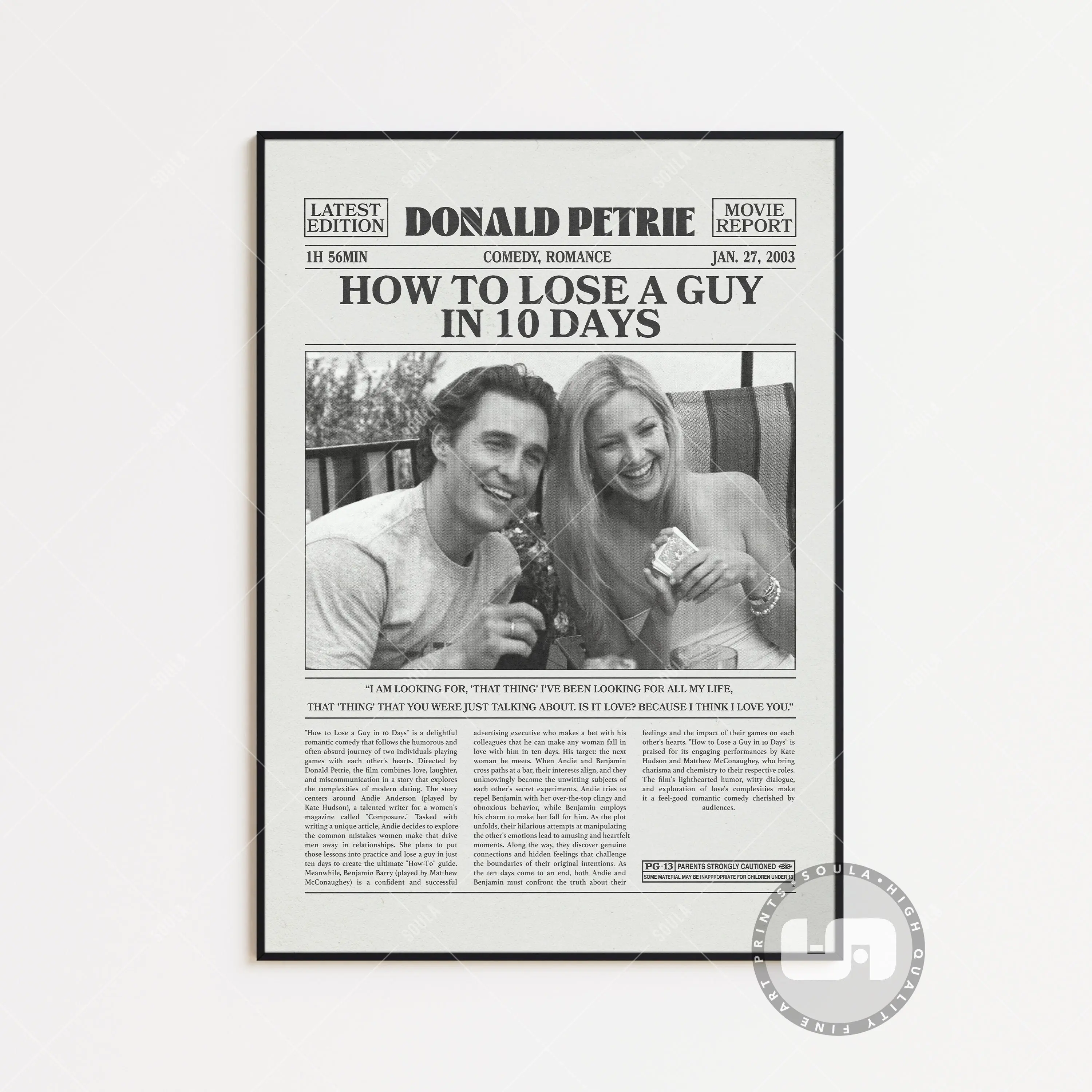 Newspaper How To Lose A Guy In 10 Days, Donald Petrie , Retro Newspaper Movie Poster No Frame, Wall Art, Vintage Retro Art Print