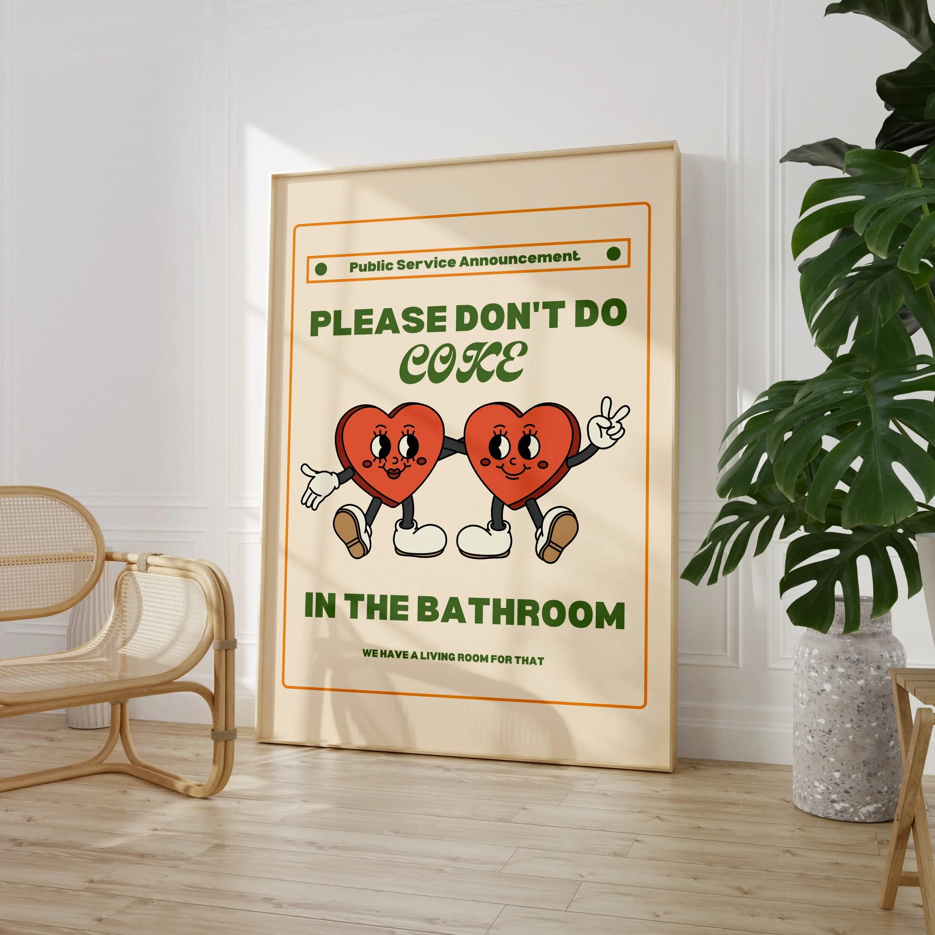 Please Don't Do Coke In The Bathroom Retro Poster • Green Funky Cartoon Print • Funny Bathroom Poster No Frame Wall Art • 70s Aesthetic Poster, Water Proof, Decoration