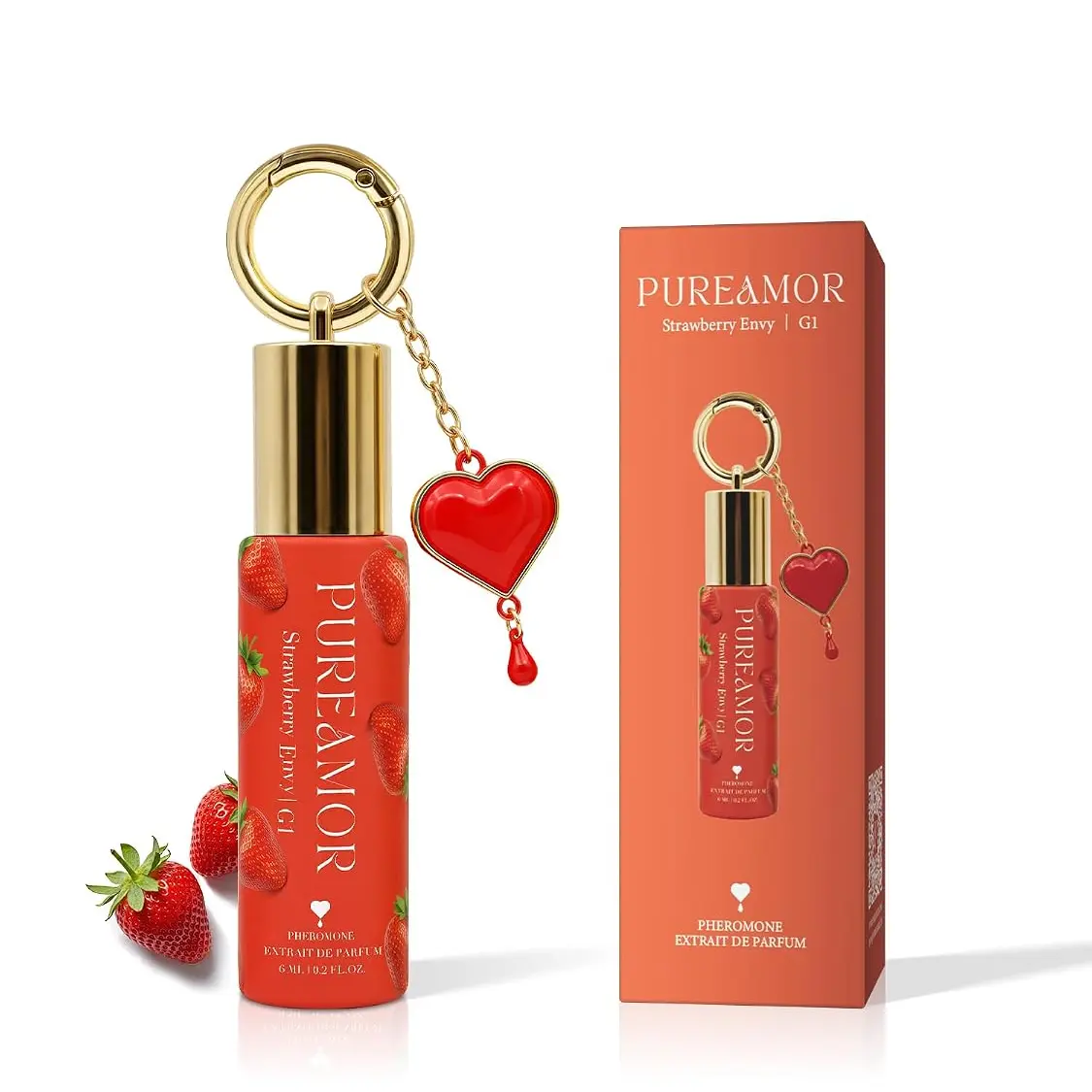 PureAmor Keychain Pheromone Perfume (6ml) - 8+ Hour Long Lasting, Designer Inspired Fragrance, Choose From 4 Fruit Scents: Strawberry, Cherry, Guava & Pistachio, Pocket Fragrance - Summervibes Alluring