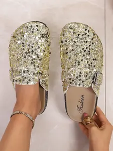 Women's Open Toe Sandals Slip-On Flat Shoes Spring Summer New Casual PU Material Soft Sole Half Slippers Slip On Mules Glitter Clog