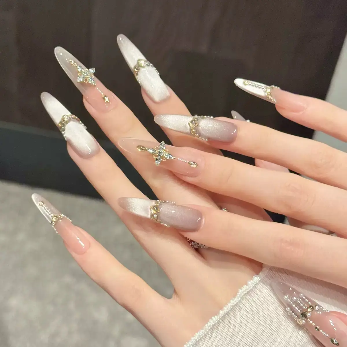Acrylic Press On Nails - Long Almond Nude Ombre with Cross Charms, Chains & Pearls, Reusable Full Cover Nail Art Kit, Press On Nails Acrylic