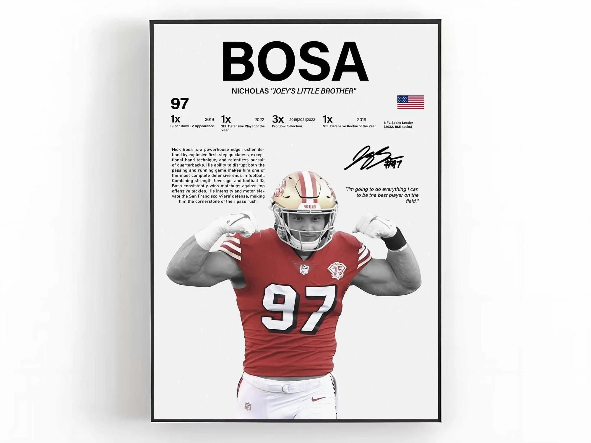 Nick Bosa Poster Wall Art Print Sports Room Decor Fan Gift ( Unframed - Print Only )