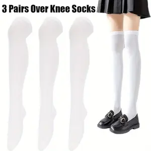3Pairs Solid Color Thigh High Socks Gift for Wife Girlfriend Over-the-Knee Long Stockings Women's Dress Dance Cosplay Knee-High Socks