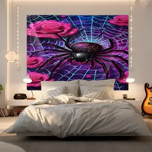 Neon Spider Print Tapestry, Personalized Decorative Wall Hanging, The Perfect Backdrop Decoration for Bedroom, Dormitory, and Living Room, Retro Cyberpunk Style Wall Tapestry.