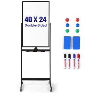 VOWNER Rolling Whiteboard, 40x24 inches Double-sided Magnetic Dry Erase Board on Wheels, with Aluminum Frame, Portable Presentation Board with Iron Stand for Office, Home, School, Black Classroom Supplies