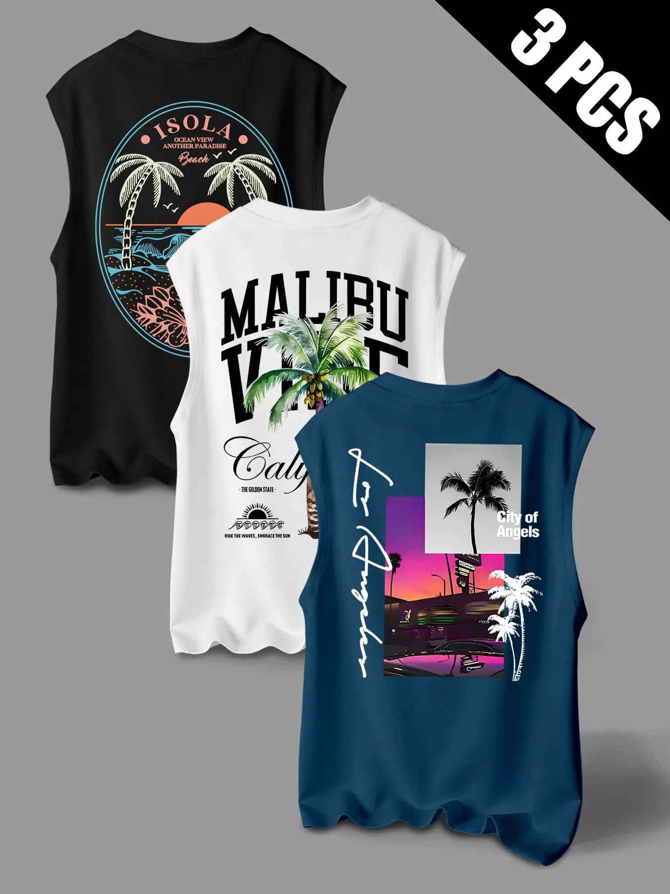 Men's 3-Piece Set Coconut Tree Sunset Tropical Graphic Print Round Neck Sleeveless T-Shirt, Casual Comfortable Vest, Summer Travel Outdoor Wear